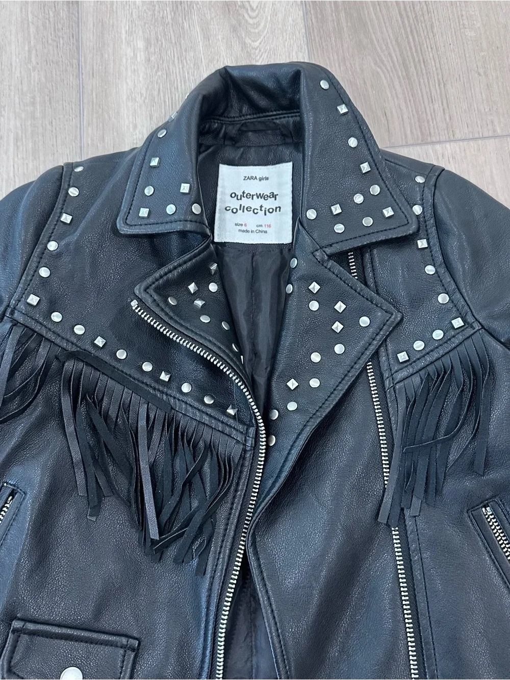 Zara outwear moto biker faux leather studded fringe jacket girls size 6 black